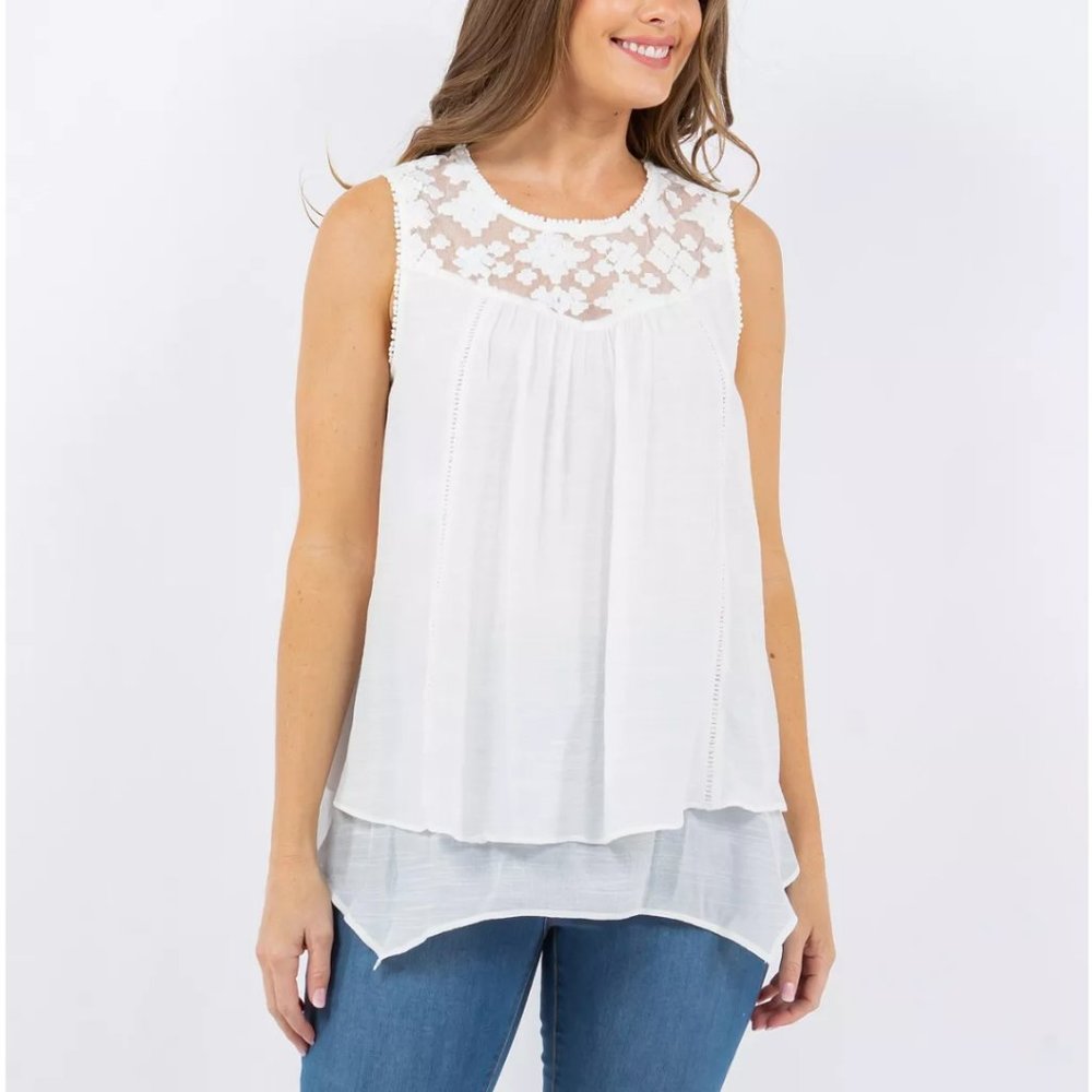 John Paul Richard Woven Top with Lace Yoke Double Layer Hem Size M